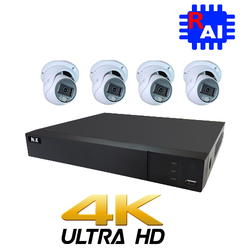 Daytronics Security 4K NVR kit with AI cameras including four white dome cameras and black NVR recorder