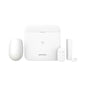 Hikvision Ax Pro wireless alarm kit including control panel, motion sensor, remote control, and door sensor in white