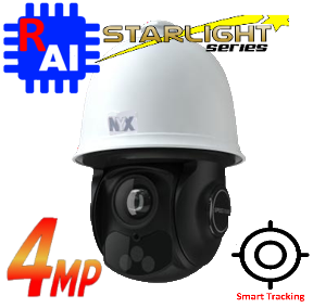 NYX Starlight PTZ camera in black with white dome, featuring smart tracking and 4MP resolution