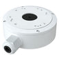 White NYX JB-302 security camera j box with multiple mounting holes and cable entry port